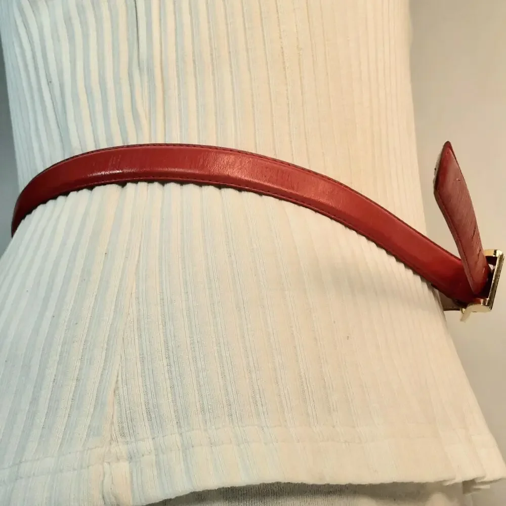 Womens Rose Red Genuine Leather Skinny Belt Size Medium Art Deco Buckle